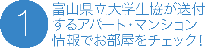 1. 富山県立大学生協が送付する『アパート・マンション情報』でお部屋をチェック！